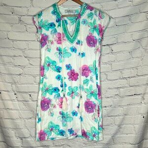 Bella Tu Blue Purple Floral Short Sleeve Beaded Accented Linen Dress Size Small